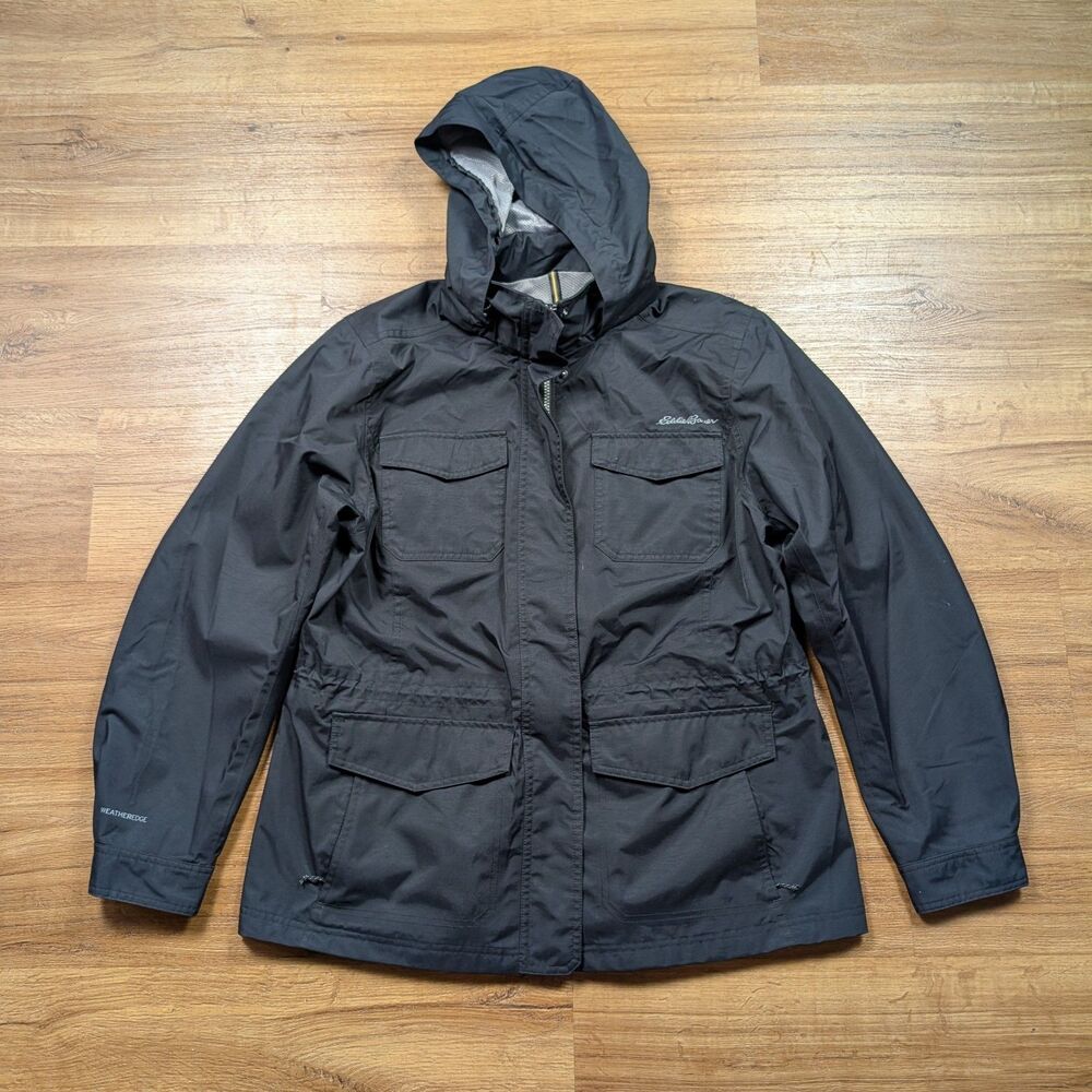 Eddie Bauer WeatherEdge Utility Rain Jacket Womens XL Black Zip Hooded Chore